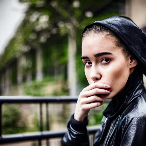 Prompt: candid photographic portrait of a poor techwear mixed young woman smoking inside a dystopian city, closeup, beautiful garden terraces in the background, sigma 85mm f/1.4, 4k, depth of field, high resolution, 4k, 8k, hd, full color