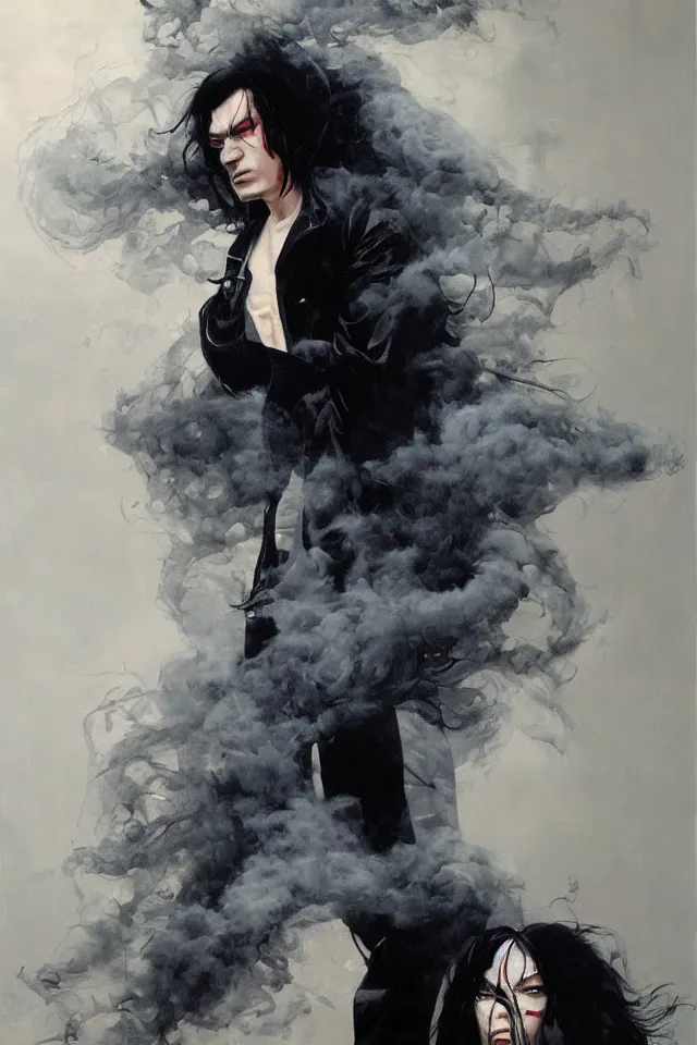 Prompt: painting of a man with pale skin and long-black hair, latex suit and raincoat, floating in smoke, in the style of phil hale and yoshitaka amano