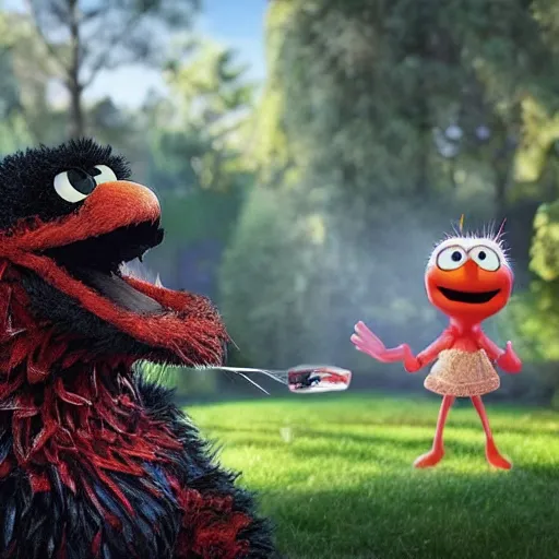 Prompt: stunning, coherent, impressive, detailed still of black a family beating up (elmo) in a fantasy dream world park, follow shot, 3d, in the style of pixar, comic book style, 3d, highly detailed, sharp focus, bokeh, depth of field, 16k resolution, Unreal Engine 5, coherent, cinematic lighting, photorealistic, by Zhang Jingna