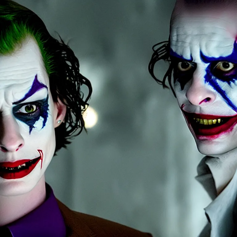 Image similar to anne hathaway as the joker, movie still, 8 k, hdr, atmospheric lighting