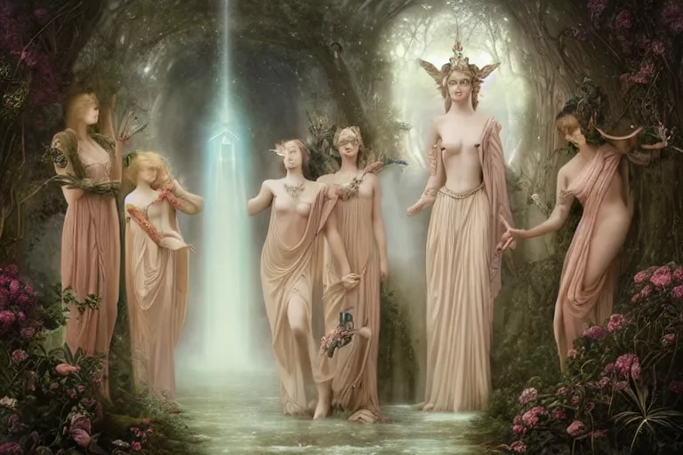 Image similar to the goddess of holding the door for someone too far away surrounded by a court of nymphs, by tom bagshaw peter kemp, beautiful highly symmetric faces