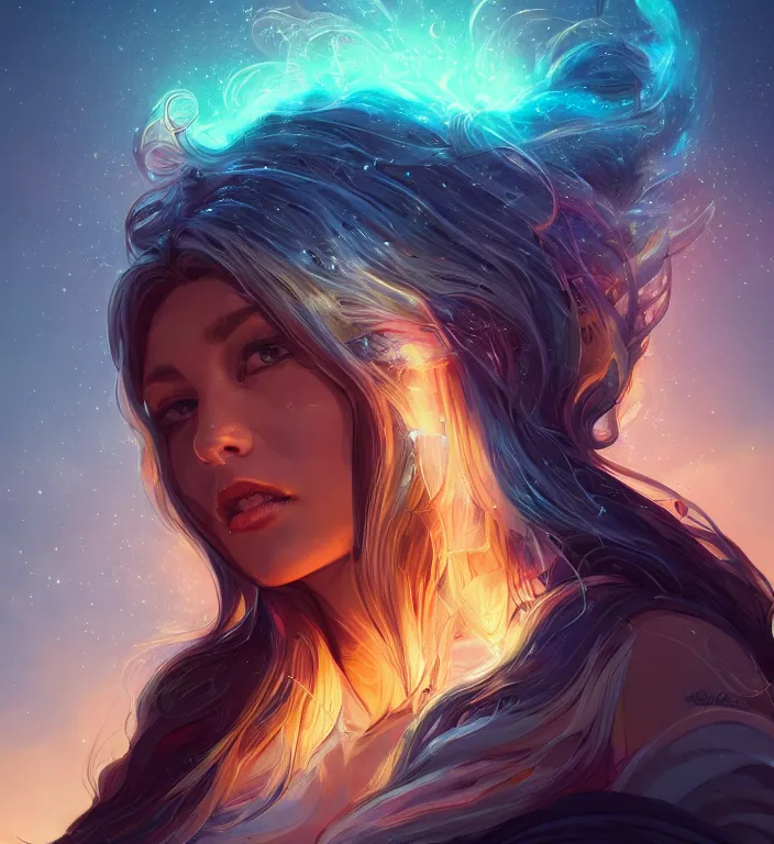 Image similar to centered waist up portrait photography an angel + glowing outlines, dissolve to energy particles of light + bokeh + strong DOF + 8k, photorealistic + composition by Peter Mohrbacher + line work by Dan Mumford , ultra realistic + backlit + strong rimlight, sunset + HDRI, HD, Photoreal