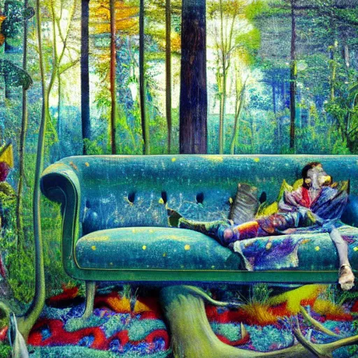 Image similar to psychedelic couch sofa in the lush pine forest, milky way, moose antlers, designed by arnold bocklin, jules bastien - lepage, tarsila do amaral, wayne barlowe and gustave baumann, cheval michael, trending on artstation, star, sharp focus, colorful refracted sparkles and lines, soft light, 8 k 4 k