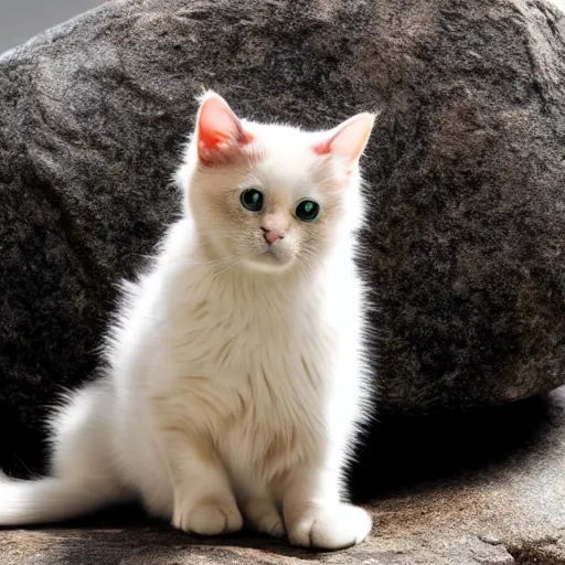 Image similar to cute cat with a dog body purring in front of a large rock, 8 k