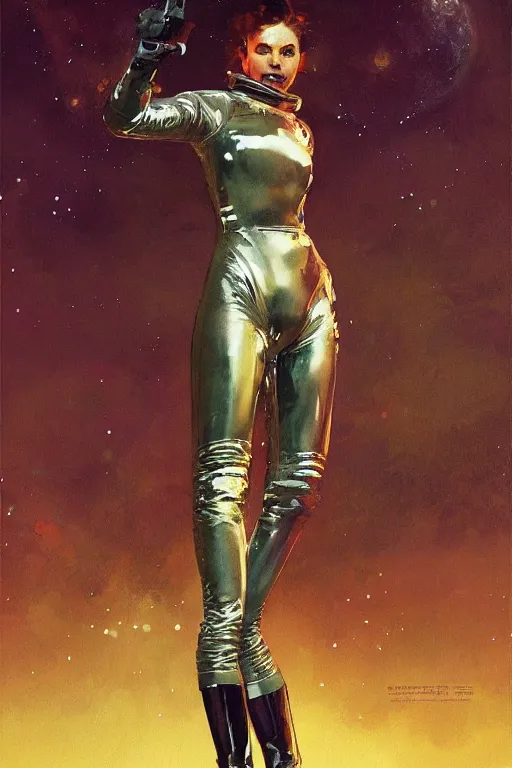 Prompt: pulp scifi fantasy illustration full body portrait of elegant woman wearing latex spacesuit, dynamic, dramatic, by norman rockwell, jack kirby, bergey, craig mullins, ruan jia, jeremy mann, tom lovell