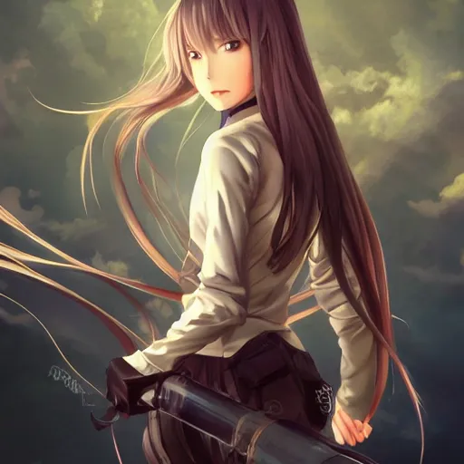 Prompt: full body of girl with jet engine as legs, anime style, long hair, hair down, symmetrical facial features, from arknights, hyper realistic, 4 k, rule of thirds, extreme detail, detailed drawing, trending artstation, hd, half cyborg, d & d, realistic lighting, by alphonse mucha, greg rutkowski, sharp focus, backlit