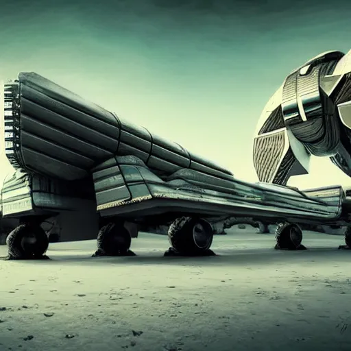Prompt: Sci-Fi industrial futuristic futurism Brutalism brutalistic Angular huge huge carrying carrier vehicle desert