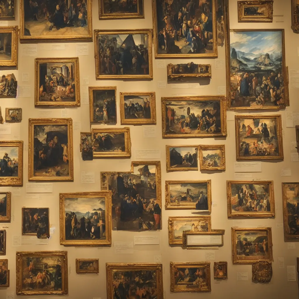 Prompt: a wall at an exhibition that has six of the world's most famous paintings