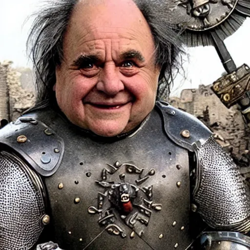 Prompt: last selfie taken by, a tolkien dwarf, resembling Danny Devito wearing metal Armour that is smiling, in combat, apocalyptic, smoldering ruins