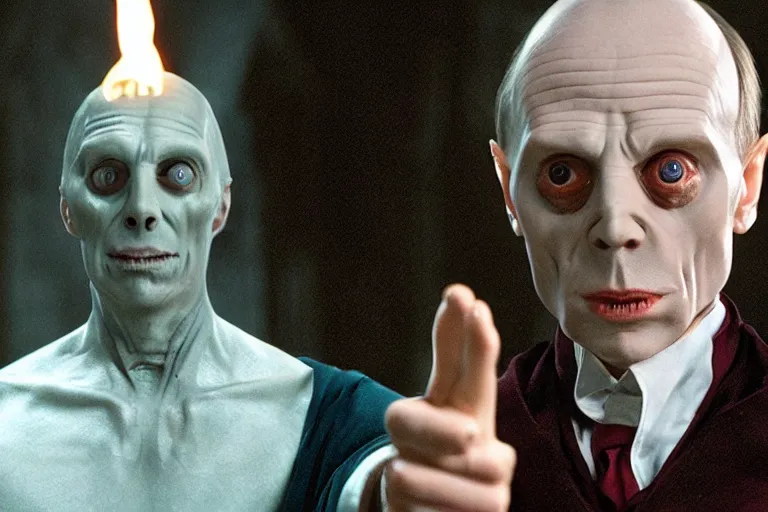 Image similar to film still of Steve Buscemi as Lord Voldemort with no nose in Harry Potter movie