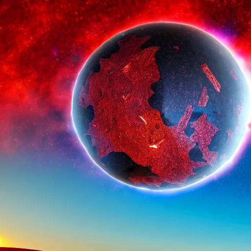 Image similar to Gigantic red-hot meteorite crashes into living planet, Bright colors, fantastic landscape, hyperrealism, no blur, 4k resolution, ultra detailed-i