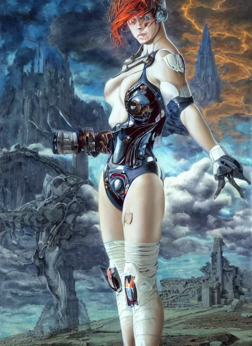 Image similar to portrait of a diabolical beautiful female cyborg girl, torn cape, adaptive armor, dynamic pose, heavy eyes to the side, ancient ruins, glowing veins subsurface scattering, in clouds, sunset, portrait, by gerald brom, by mikhail vrubel, by peter elson, muted colors, extreme detail, reflections, trending on artstation, 8 k