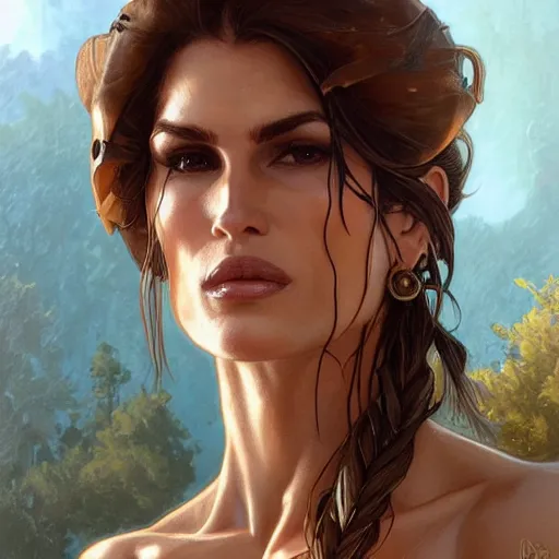 Prompt: Cindy Crawford as Lana Croft, intricate, elegant, highly detailed, digital painting, artstation, concept art, smooth, sharp focus, illustration, art by artgerm and greg rutkowski and alphonse mucha