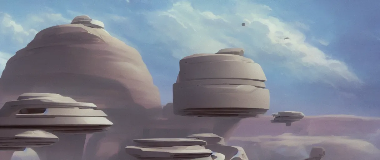 Image similar to floating islands in sky, concept art, low angle, cinematic, style of ralph mcquarrie