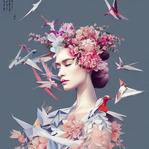 Prompt: 3 / 4 view of a beautiful girl wearing an origami dress, eye - level medium shot, fine floral ornaments in cloth and hair, hummingbirds, elegant, by eiko ishioka, givenchy, craig mullins, by peter mohrbacher, centered, fresh colors, origami, fashion, detailed illustration, vogue, high depth of field, japanese, reallusion character creator