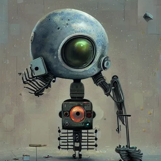 Prompt: abandoned robot made from old electronics parts, illustration by gediminas pranckevicius