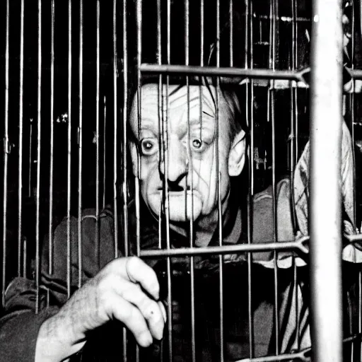 Prompt: mark e smith in a small cage in a pet shop window, his hands are up on the bars, the cage has a for sale tag, 4 k