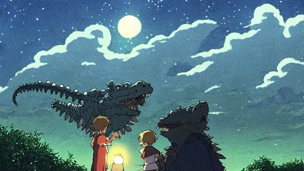 Image similar to a movie still from a studio ghibli film showing a lovecraftian crocodile from howl's moving castle ( 2 0 0 4 ). a pyramid is under construction in the background, in the rainforest on a misty and starry night. a ufo is in the sky. by studio ghibli
