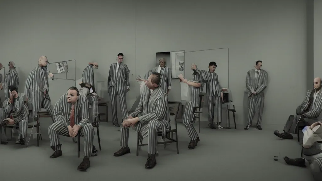 Prompt: inmates in striped suits sitting around a television bolted to the wall, rule of thirds, rendered in octane, rendered in Corona, rendered in vray, rendered in Arnold, insanely detailed, photorealistic, cinematic, global illumination, no grain