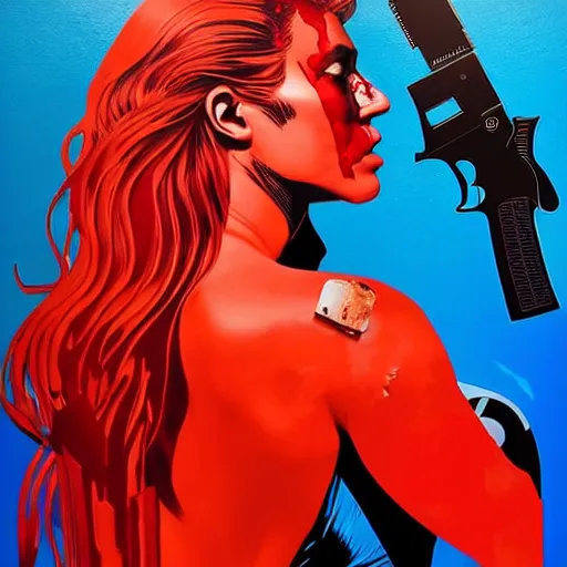 Image similar to portrait of red woman :: side profile :: in ocean :: guns and bullets :: metallic details :: gold :: blood and horror :: by marvel and Sandra Chevrier