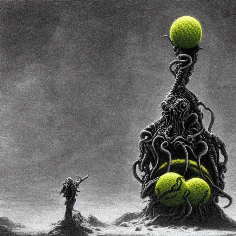 Image similar to a cinematic scene tennis ball monster from the cthulhu in nevada test side, lovecraft, concept art by beksinski and jean delville, dramatic lighting, ultra hd, hdr, 8 k