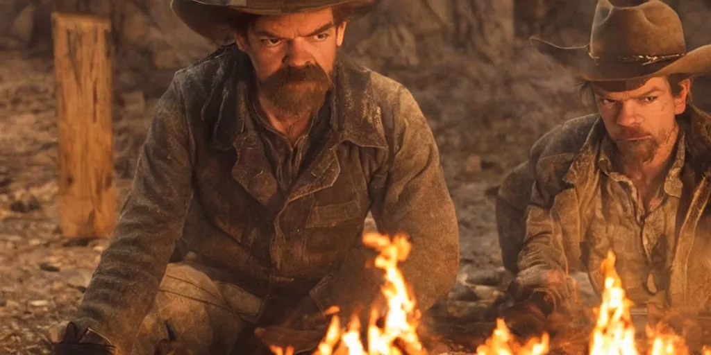 Prompt: close up of rugged bandit cialien murphy ( ( alone ) ) in the old west, handcuffed by shackles at a campfire and thomas brodie - sangster ( ( alone ) ), violently fist fighting, volumetric lighting, cinematic, dark, grim, unforgiven