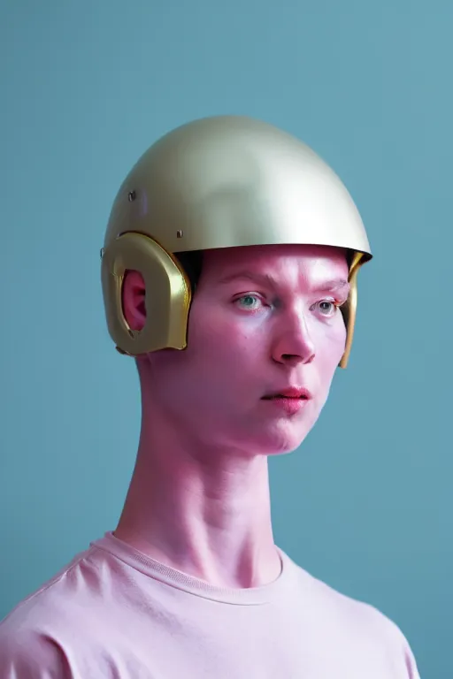 Image similar to a high definition film photograph of a normal androgynous robot human wearing a plain white t - shirt, in a pastel pink room. happy. metal visor covering eyes. metallic shiny gold coloured helmet. crushed shadows.