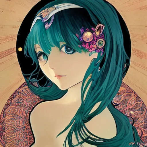 Image similar to Une superbe!! Hatsune Miku, sous la pleine lune,, par Manara et Ryan JiaAlphonse Mucha et Steve McCurry. Très détaillé, peinture à l'huile