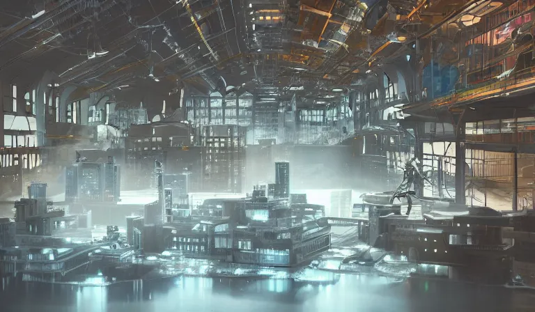 Image similar to sparse group people in simple warehouse, looking at hologram of futuristic city on a table, cinematic concept art, godrays, golden hour, natural sunlight, 4 k, clear details, tabletop model buildings, center model buildings, hologram center, crane shot, crane shot, crane shot