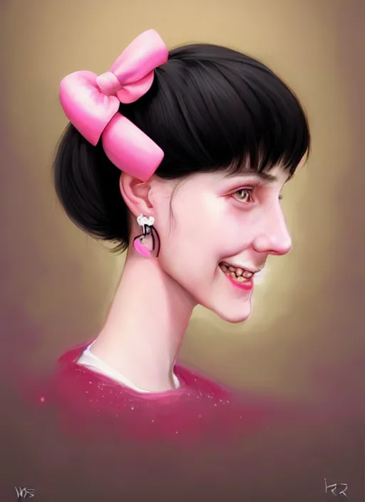 Image similar to portrait of high school girl, realistic, black hair, bangs, half updo hairstyle, pointy nose, skinny, smile, ugly, defined jawline, big chin, pink hair bow, earrings, intricate, elegant, glowing lights, highly detailed, digital painting, artstation, sharp focus, illustration, art by wlop, mars ravelo and greg rutkowski