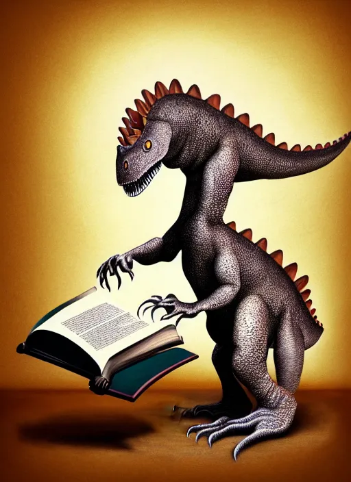 Image similar to dinosaur dancing with a giant book, aesthetic, fine art, intricate, elegant, highly detailed, realistic hair, centered, digital painting, art station, conceptual art, soft, sharp focus, illustration, artwork, salvador dali