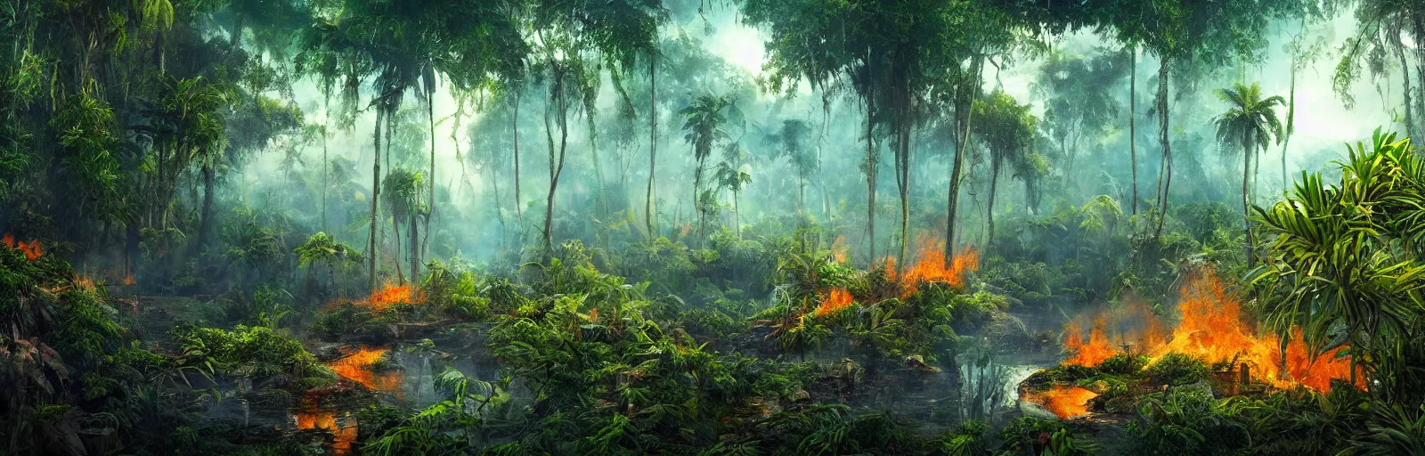 Image similar to painting of a jungle on fire!! scene on an alien planet by vincent bons. ultra sharp high quality digital render. detailed. beautiful landscape. weird vegetation. water.