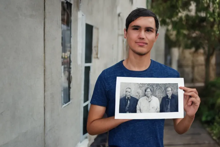 Image similar to young man holding a photograph of him as a old man