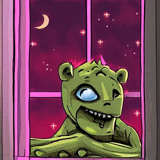 Prompt: terrible creature outside the window, trying to get in, nighttime