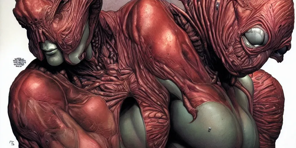 Prompt: beautiful and exotic other - worldly alien queen, full body portrait by travis charest and chris achilleos, perfect facial symmetry, perfect muscle anatomy, photorealism, extremely hyperdetailed