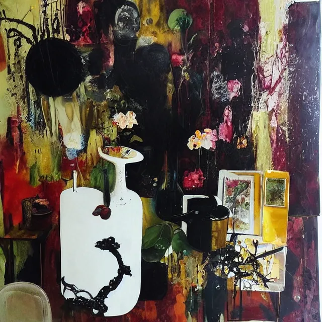 Image similar to “ a portrait in a female art student ’ s apartment, sensual, a golden doodle theme, art supplies, paint tubes, ikebana, herbs, a candle dripping white wax, black walls, squashed berries, berry juice drips, acrylic and spray paint and oilstick on canvas, surrealism, neoexpressionism ”