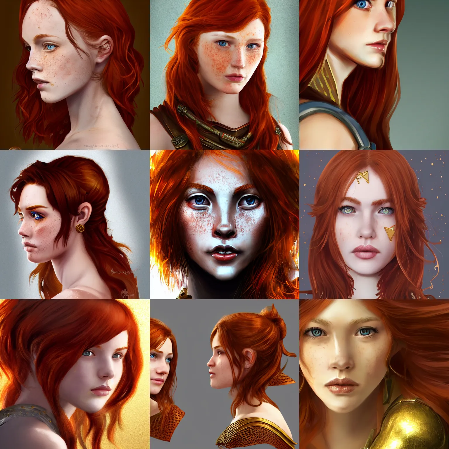 Prompt: a profile picture of a sweet redheaded young woman with freckles like brass scales, wavy shoulder-length hair, gold eyes, headshot, dungeons and dragons, digital art, D&D, artstation