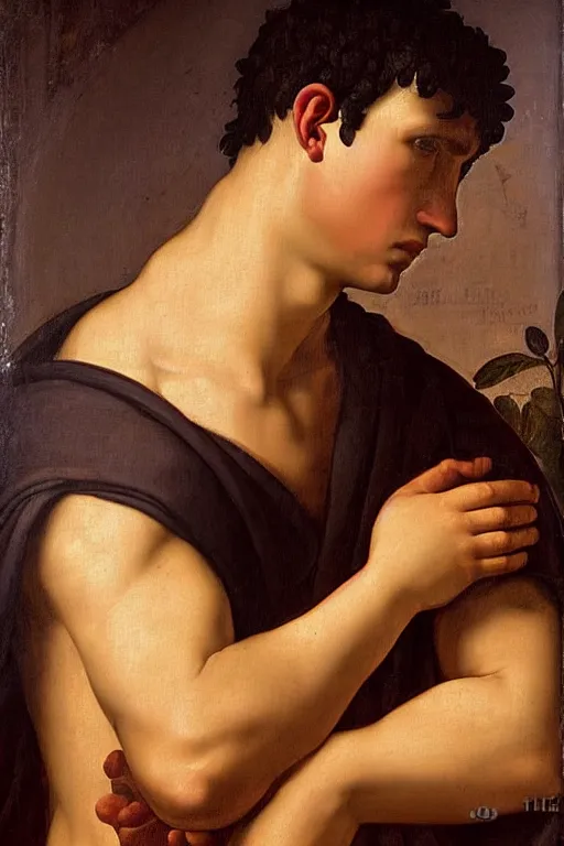 Image similar to renaissance painting of man, short black hair, pleading face, tears dripping from the eyes, emotions closeup, dressed in roman armour, the Eden garden, ultra detailed, art by Guido Reni style, Vincenzo Catena style