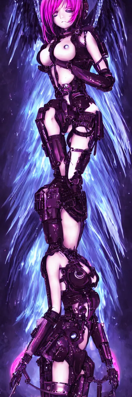 Image similar to anime cyberpunk dark fantasy gothic art, cute and beautiful full body female damaged cyborg - angel in the style of stand alone complex, akira, durararara, red blue purple black fade, intense watery glowing red and blue eyes, cinematic lighting, highly intricate detailed, wavy hair, advanced digital anime art, wlop and rossdraws and sakimimichan