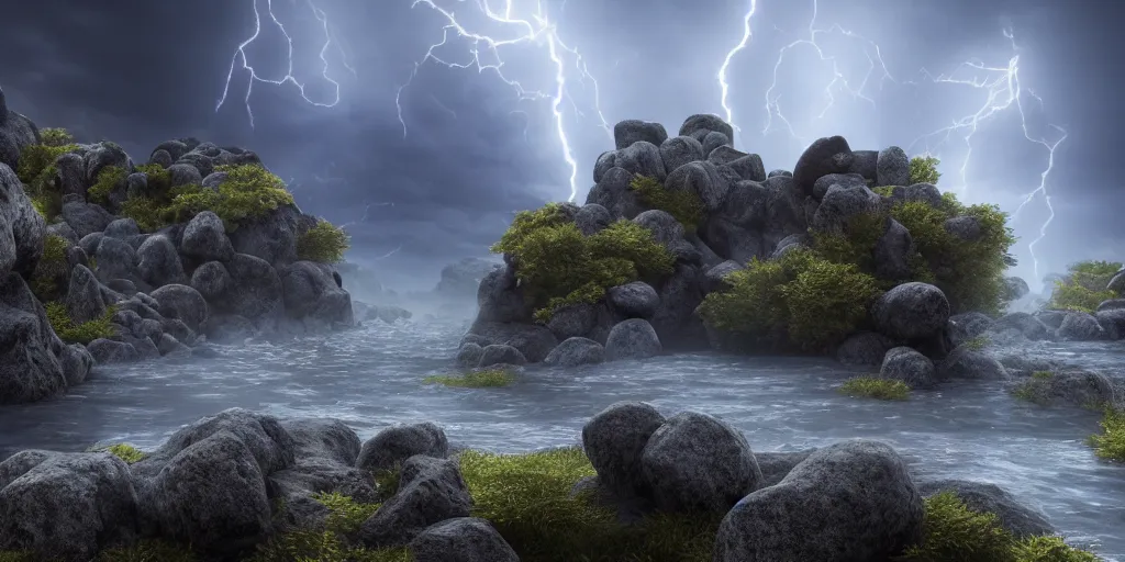 Image similar to Photorealistic epic landscape with magically floating rocks, with ominous storm clouds, strange levitating stones, stones falling from the sky, a gentle rising mist. photorealism, UHD, amazing depth, glowing, golden ratio, 3D octane cycle unreal engine 5, volumetric lighting, cinematic lighting, cgstation artstation concept art