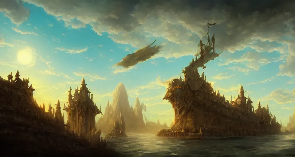 Image similar to low fantasy, landscape an ancient floating city in the sky and an sky - ship flying towards it andreas rocha