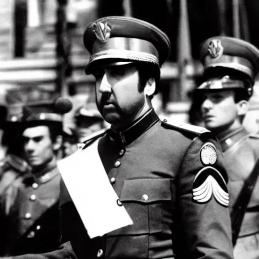 Image similar to Nicolas Cage as a dictator on a parade, archive photo, history