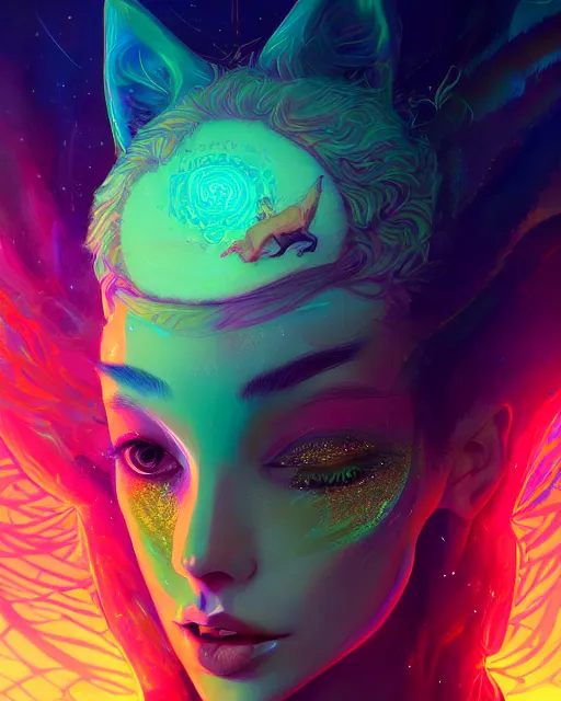 Image similar to lsd, acid trip, intricate, a beautiful woman with ( fox ) features, in professional makeup, dramatic lighting, by lois van baarle, ross tran, greg rutkowski, ultra detailed colorful repeating fractals in the background by moebius, beeple, artstation