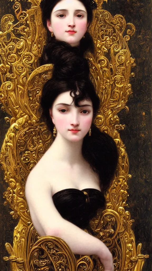 Image similar to painting portrait of a beautiful black haired woman with pale skin and a crown on her head sitted on an intricate metal throne, intricate, elegant, digital painting, smooth, sharp focus, shiny gold, realistic gold, realistic metal, by william - adolphe bouguereau and gustav klimt,