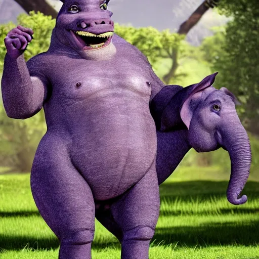 Image similar to big sir is a monster hybrid of a donkey, hippo, elephant, and a little bit shrek, dark purple colored skin