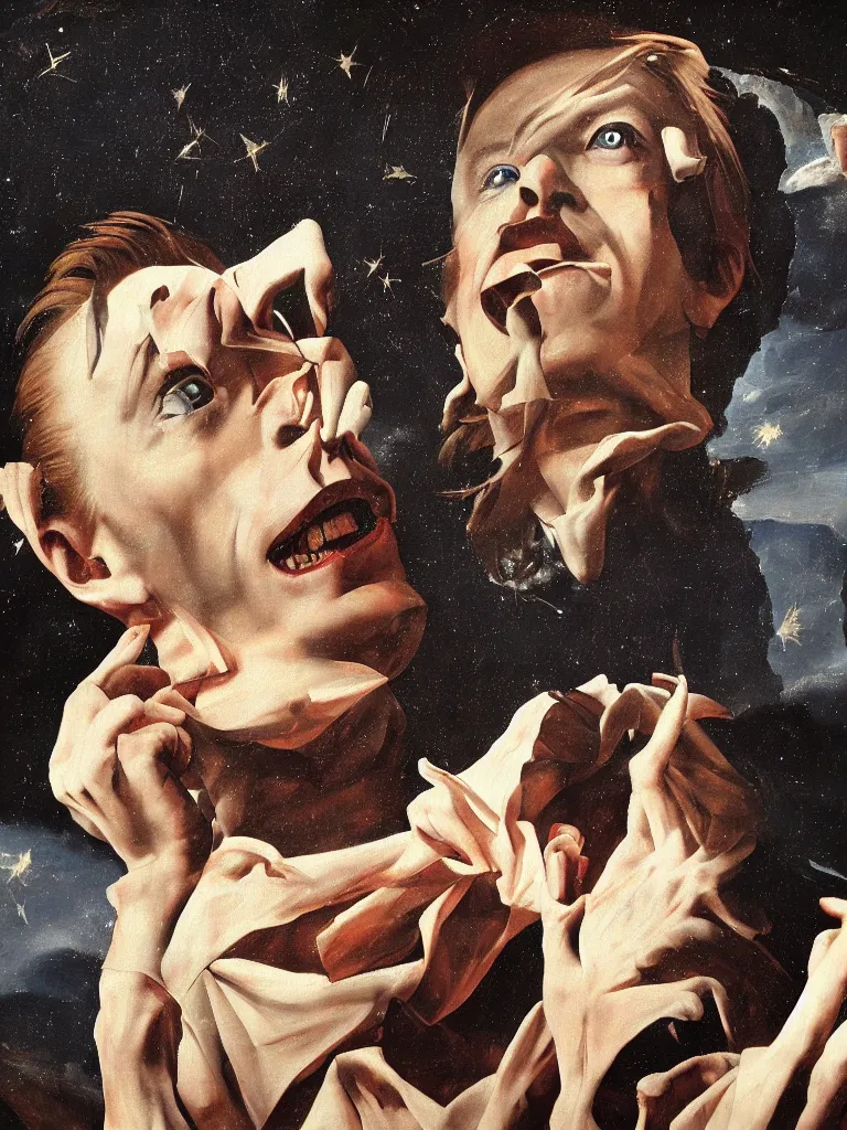 Prompt: david bowie looking up to the stars painted by caravaggio, oil painting, baroque painting, highly detailed, impasto painting, 4 k