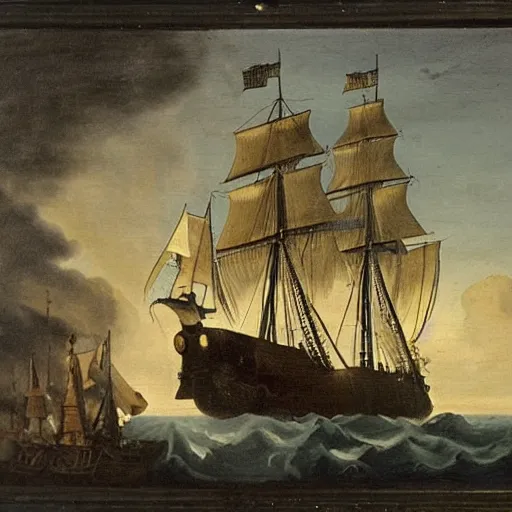 Image similar to an old 1 7 2 0 painting of blackbeard on his ship while a lighting strucks into the ship,