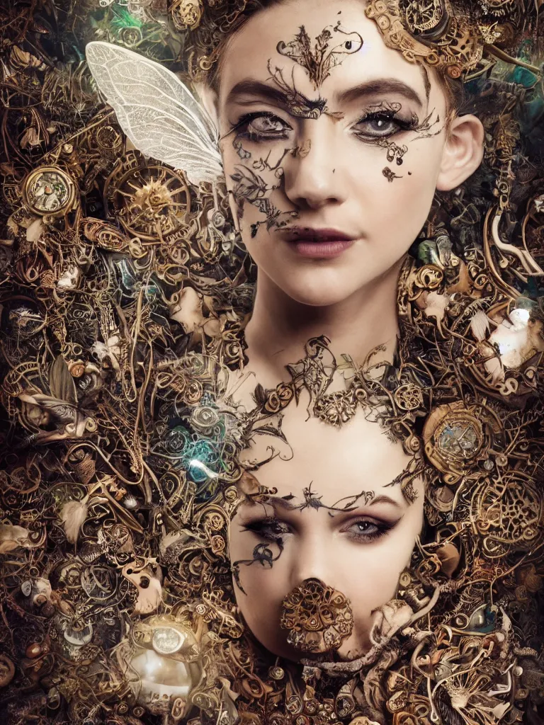 Prompt: a centered photo of a gorgeous steampunk fairy with face tattoos wearing ornate and intricate jewellery made from sticks and feathers and leaves and jewels dancing through a mushroom forest, Photo real, Detailed, Realism, Fantasy, Volumetric Lighting, Global Illumination, Subsurface Scattering, Photographic Color Scheme blur,trending on cg society, trending on artstation