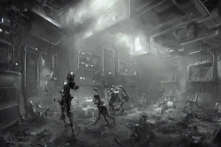 Prompt: parallax volumetric coherent gloomy colossal ruined server room in datacenter by eddie mendoza blender robot figure automata headless drone robot knight welder posing pacing fixing soldering mono sharp focus, emitting diodes, smoke, artillery, sparks, racks, system unit, motherboard, artstation cgsociety artofmtg hyperrealism cinematic dramatic painting concept art of detailed character design