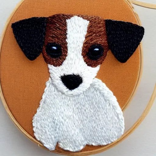 Image similar to a tiny beautiful handmade embroidery of a cute long haired jack russell terrier puppy, white with brown spots and patches over both eyes. hand embroidery.